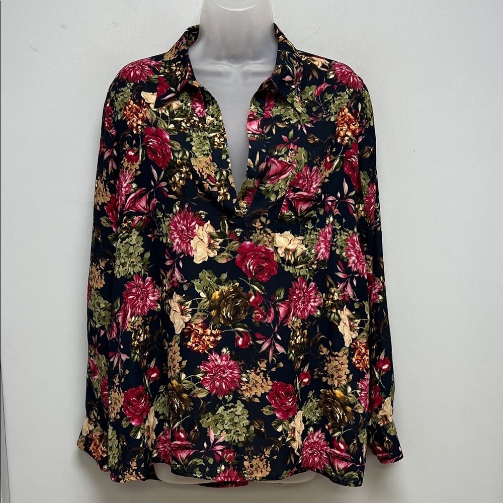Pleione Floral Print Blouse Navy Pink Green Medium
